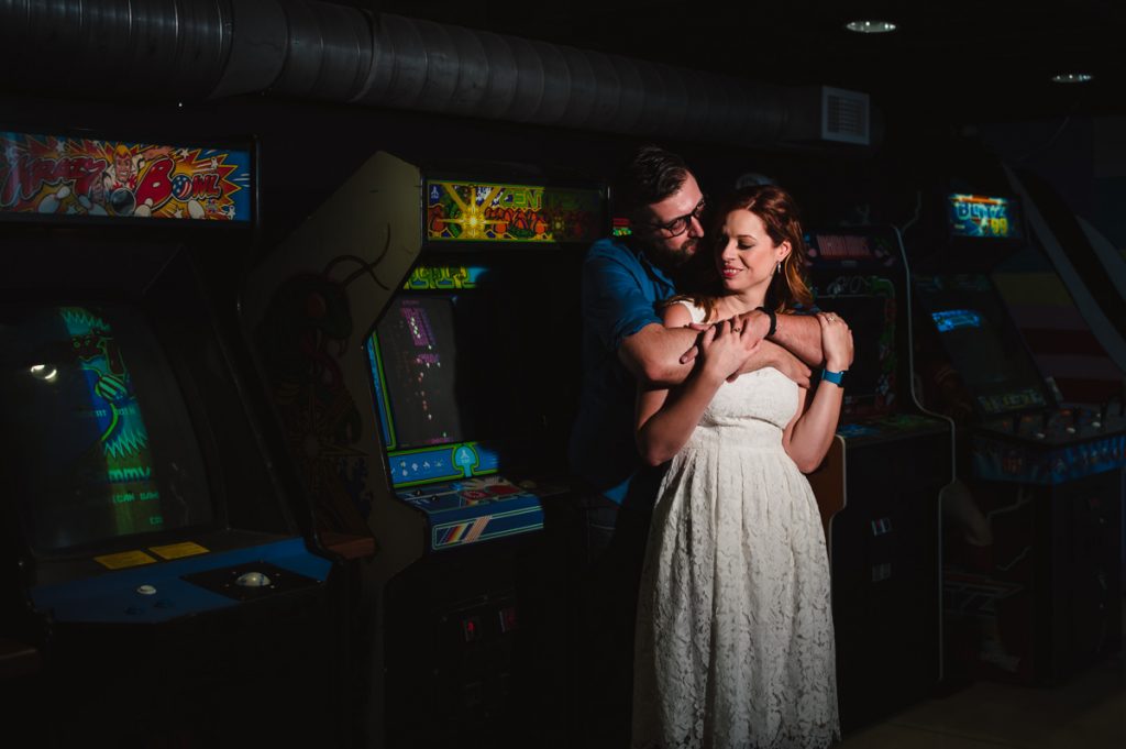 south bend engagement photos at garage arcade bar by Westley Leon Studios