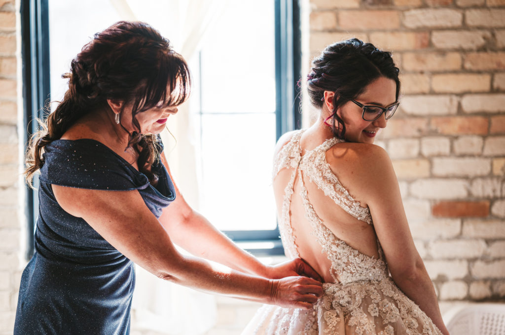 mother of the bride helping bride get ready Westley Leon Studios Wedding Photography Barrelhouse at Zorn in Michigan City